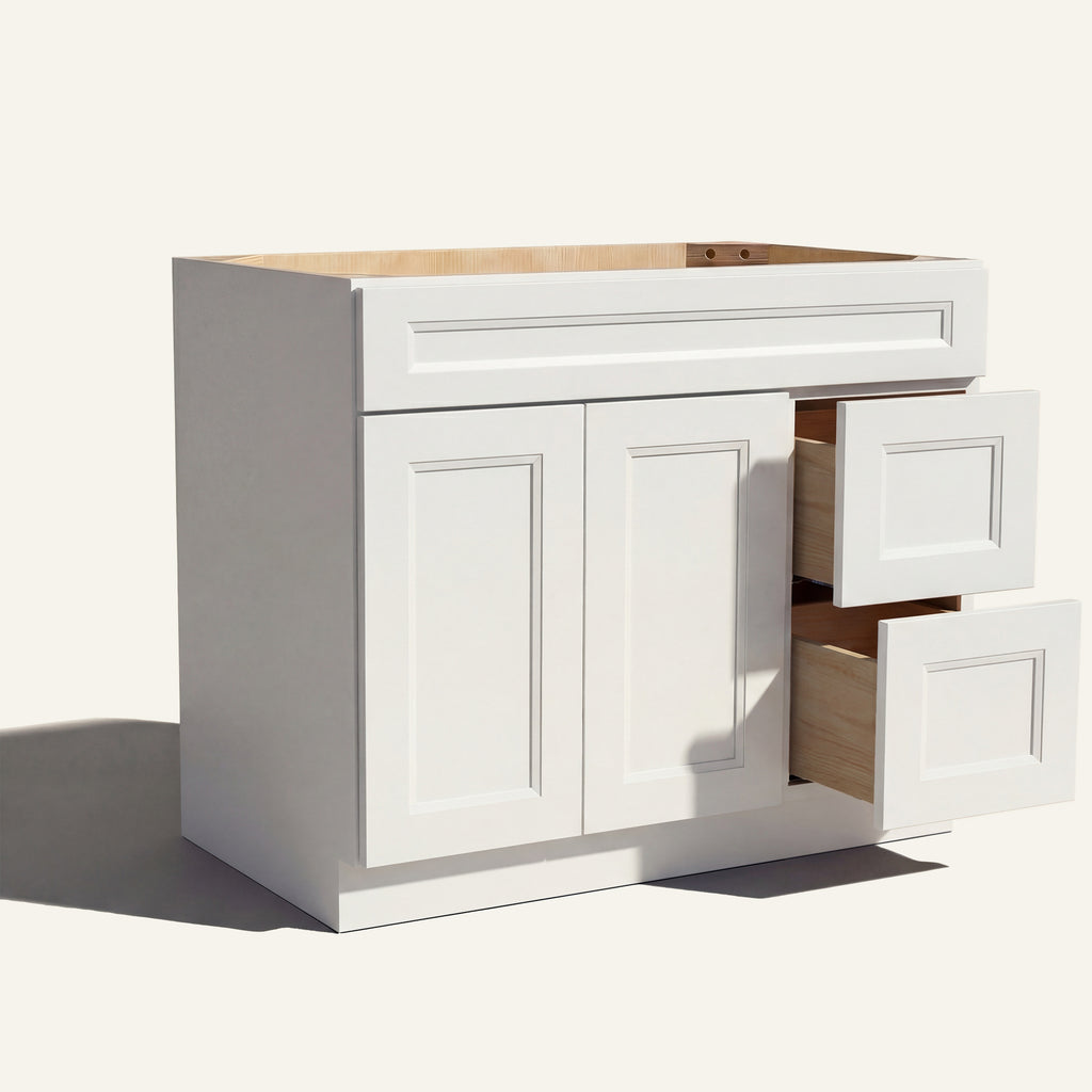 Open view of white Belmont beveled Shaker single sink vanity, 2 doors, 2 drawers right, and 1 false drawer front.