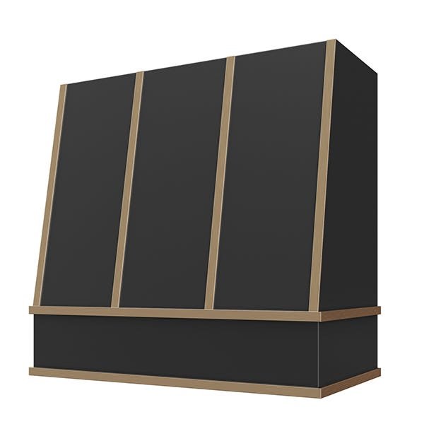 Kitchen and Cabinet Store Angled With Brass Strapping wood range hood in Black