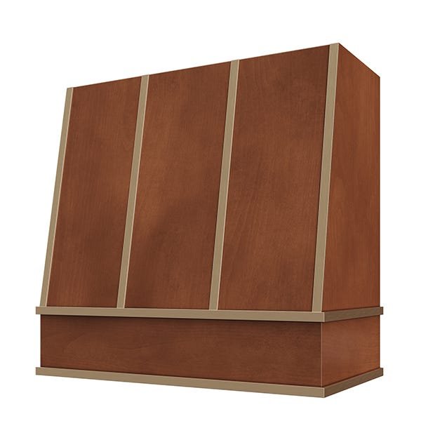Kitchen and Cabinet Store Angled With Brass Strapping wood range hood in Chocolate Stain