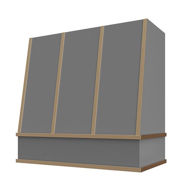 Kitchen and Cabinet Store Angled With Brass Strapping wood range hood in Gray
