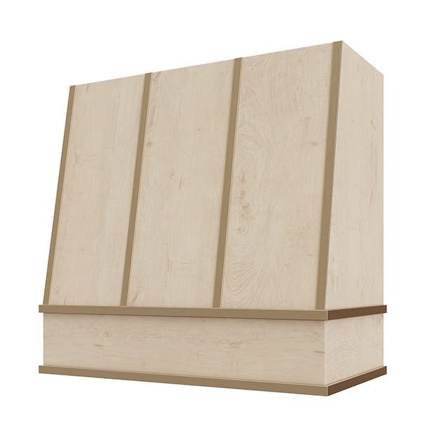 Kitchen and Cabinet Store Angled With Brass Strapping wood range hood in Raw