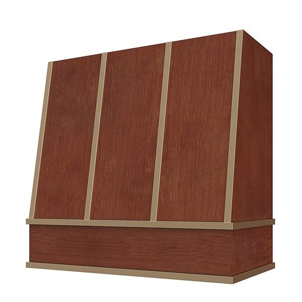 Kitchen and Cabinet Store Angled With Brass Strapping wood range hood in Saddle Stain