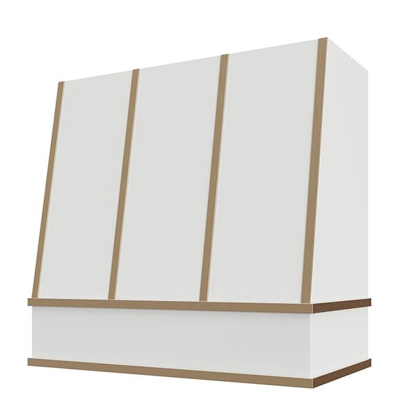 Kitchen and Cabinet Store Angled With Brass Strapping wood range hood in White