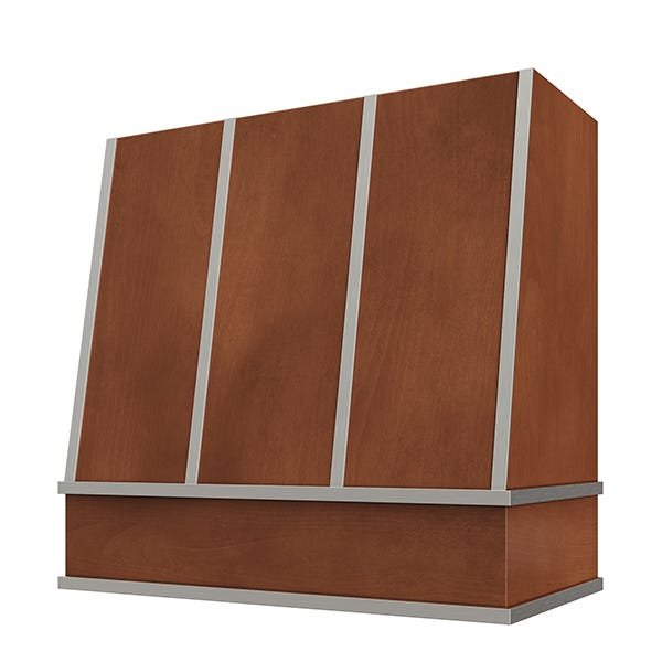 Kitchen and Cabinet Store Angled With Steel Strapping wood range hood in Chocolate Stain