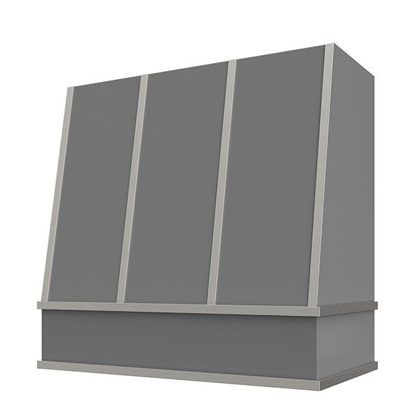 Kitchen and Cabinet Store Angled With Steel Strapping wood range hood in Gray