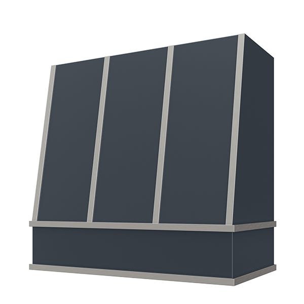 Kitchen and Cabinet Store Angled With Steel Strapping wood range hood in Navy