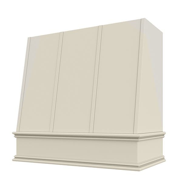 Kitchen and Cabinet Store Angled With Strapping wood range hood in Antique White