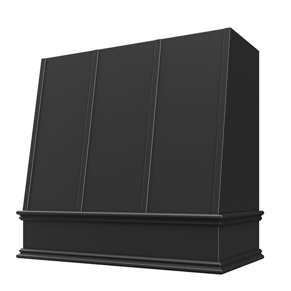 Kitchen and Cabinet Store Angled With Strapping wood range hood in Black