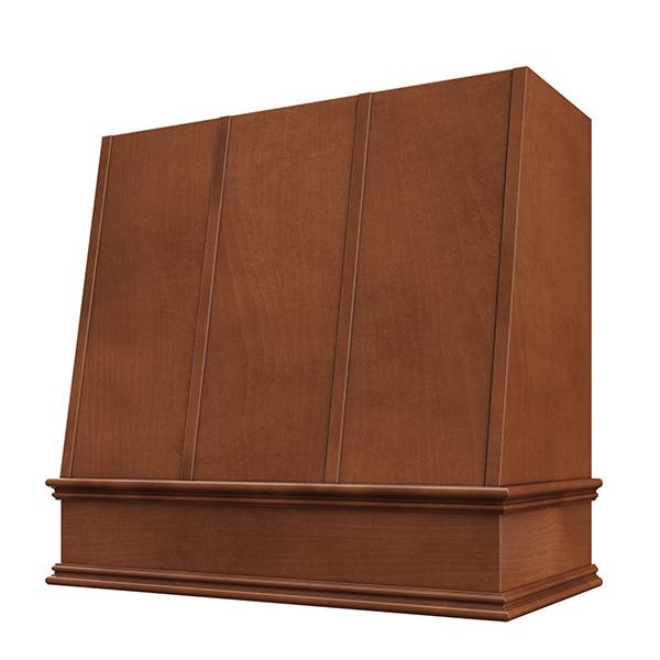 Kitchen and Cabinet Store Angled With Strapping wood range hood in Chocolate Stain