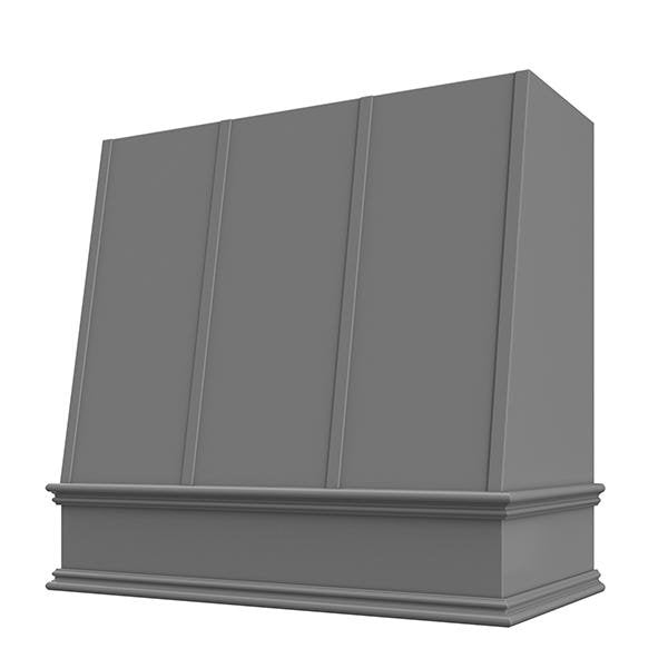 Kitchen and Cabinet Store Angled With Strapping wood range hood in Gray
