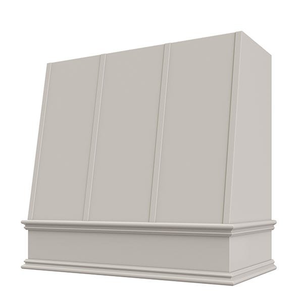 Kitchen and Cabinet Store Angled With Strapping wood range hood in Light Gray