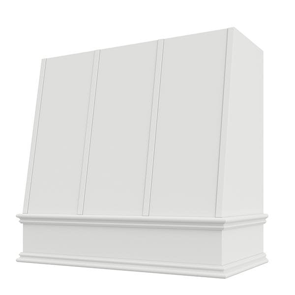 Kitchen and Cabinet Store Angled With Strapping wood range hood in Primed (paint ready)
