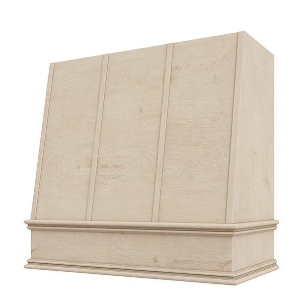 Kitchen and Cabinet Store Angled With Strapping wood range hood in Raw