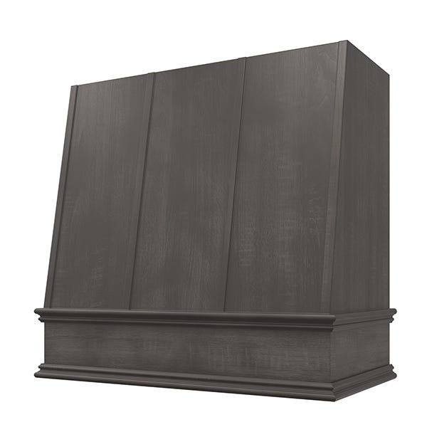 Kitchen and Cabinet Store Angled With Strapping wood range hood in Stained Gray