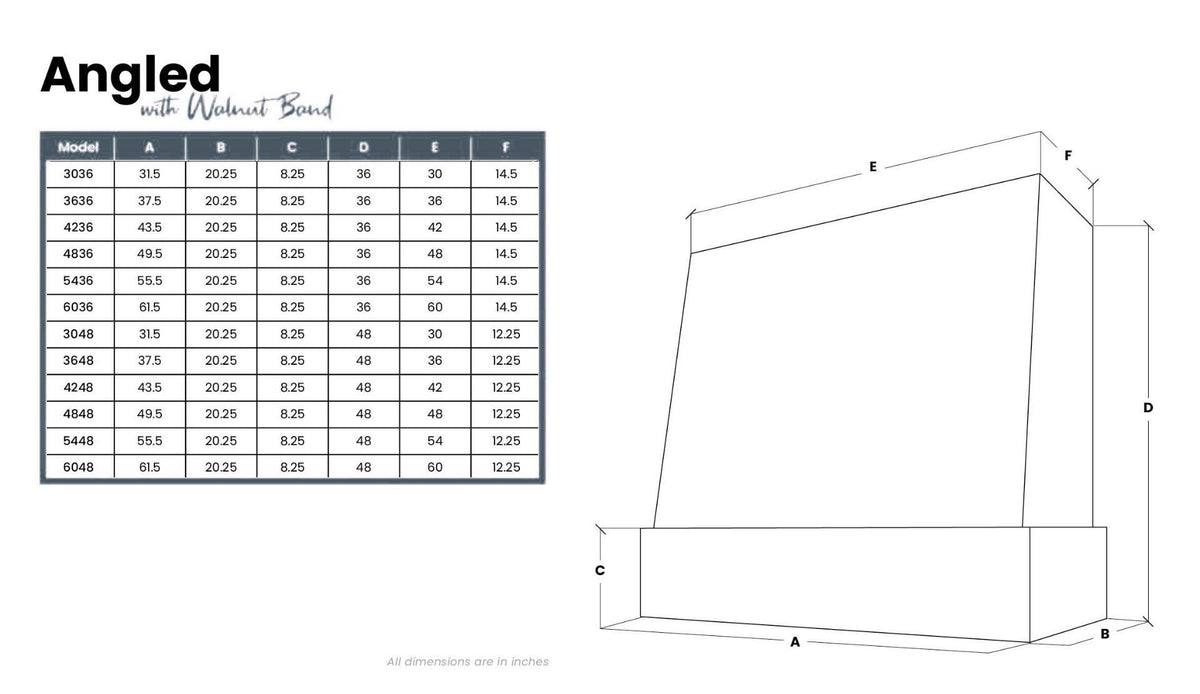 Kitchen and Cabinet Store Angled With Walnut Band wood range hood dimension drawing and size chart