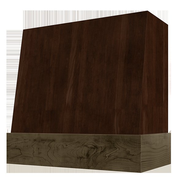 Kitchen and Cabinet Store Angled With Walnut Band wood range hood in Espresso Stain