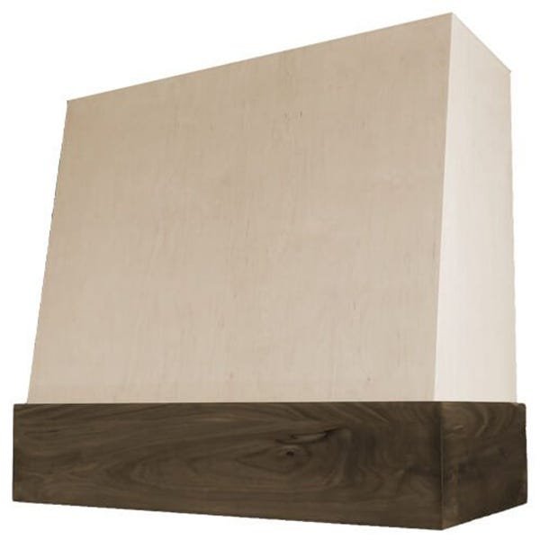 Kitchen and Cabinet Store Angled With Walnut Band wood range hood in Raw
