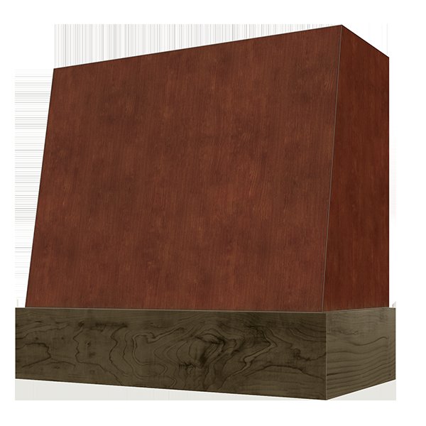 Kitchen and Cabinet Store Angled With Walnut Band wood range hood in Saddle Stain