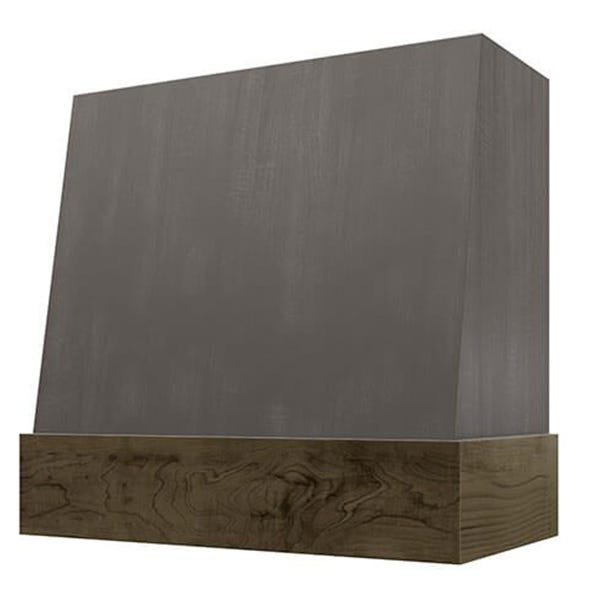 Kitchen and Cabinet Store Angled With Walnut Band wood range hood in Stained Gray
