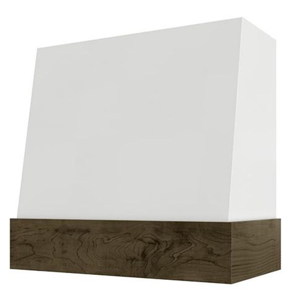 Kitchen and Cabinet Store Angled With Walnut Band wood range hood in White