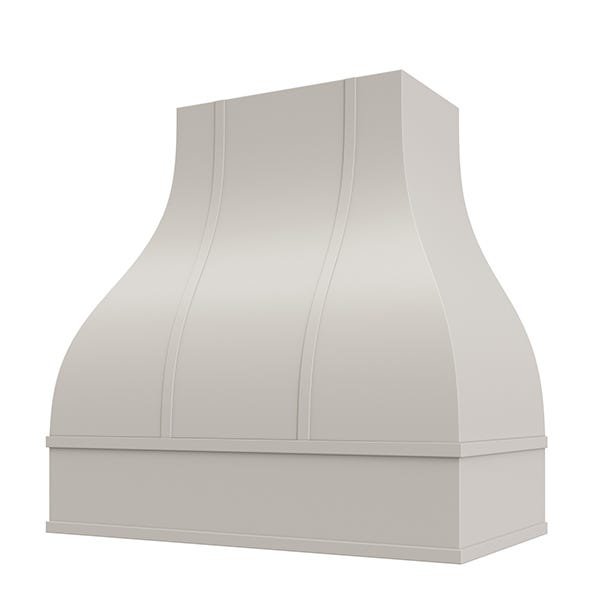 Kitchen and Cabinet Store Bell With Strapping wood range hood in Light Gray