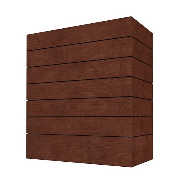 Kitchen and Cabinet Store Box Straight With Shiplap wood range hood in Saddle Stain