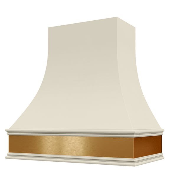 Kitchen and Cabinet Store Curved With Brass Apron wood range hood in Antique White