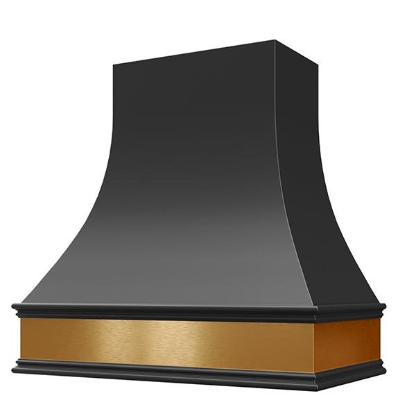 Kitchen and Cabinet Store Curved With Brass Apron wood range hood in Black