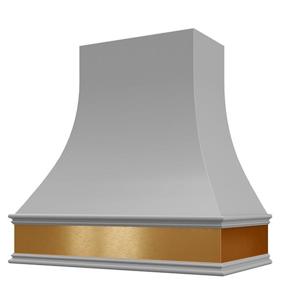 Kitchen and Cabinet Store Curved With Brass Apron wood range hood in Gray