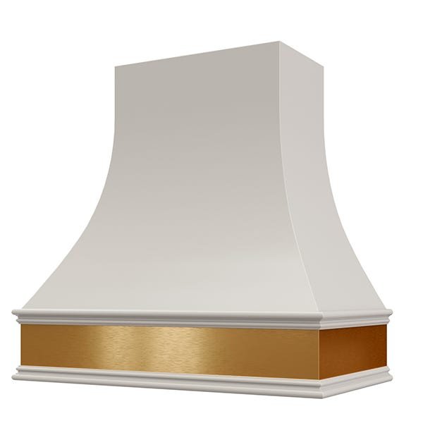 Kitchen and Cabinet Store Curved With Brass Apron wood range hood in Light Gray