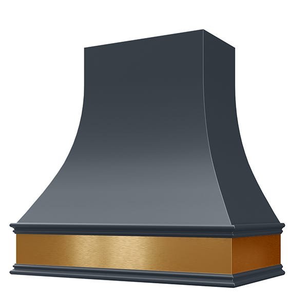Kitchen and Cabinet Store Curved With Brass Apron wood range hood in Navy