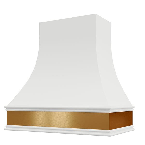 Kitchen and Cabinet Store Curved With Brass Apron wood range hood in Primed (paint ready)