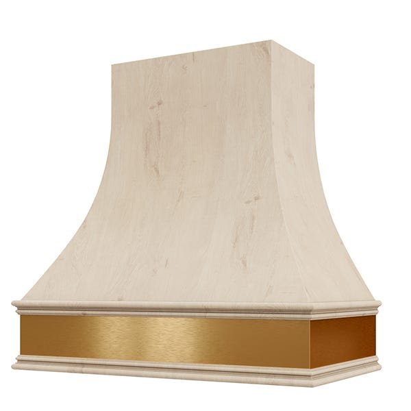 Kitchen and Cabinet Store Curved With Brass Apron wood range hood in Raw