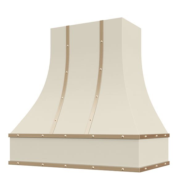 Kitchen and Cabinet Store Curved With Brass Strapping And Buttons wood range hood in Antique White
