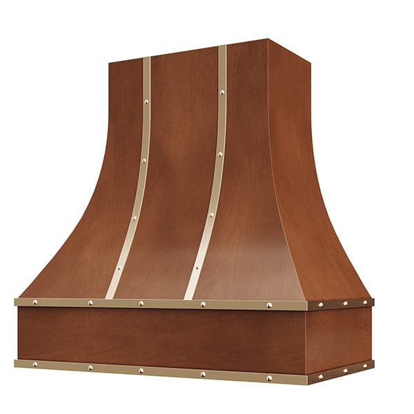 Kitchen and Cabinet Store Curved With Brass Strapping And Buttons wood range hood in Chocolate Stain