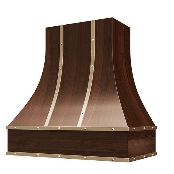 Kitchen and Cabinet Store Curved With Brass Strapping And Buttons wood range hood in Espresso Stain