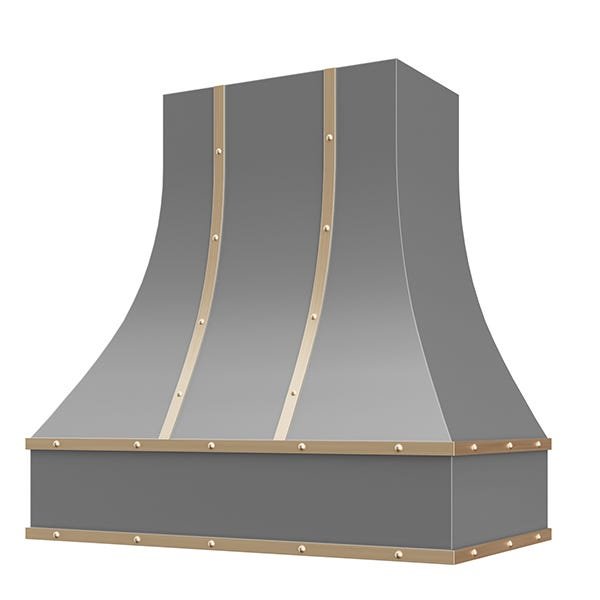 Kitchen and Cabinet Store Curved With Brass Strapping And Buttons wood range hood in Gray
