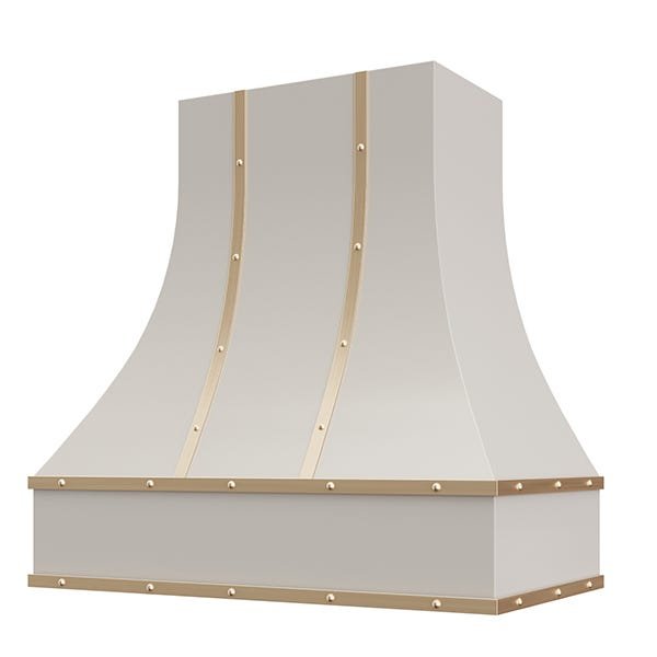 Kitchen and Cabinet Store Curved With Brass Strapping And Buttons wood range hood in Light Gray