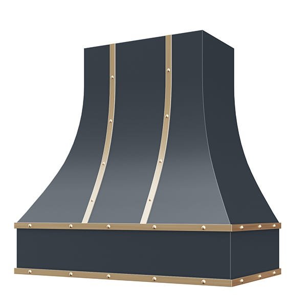 Kitchen and Cabinet Store Curved With Brass Strapping And Buttons wood range hood in Navy