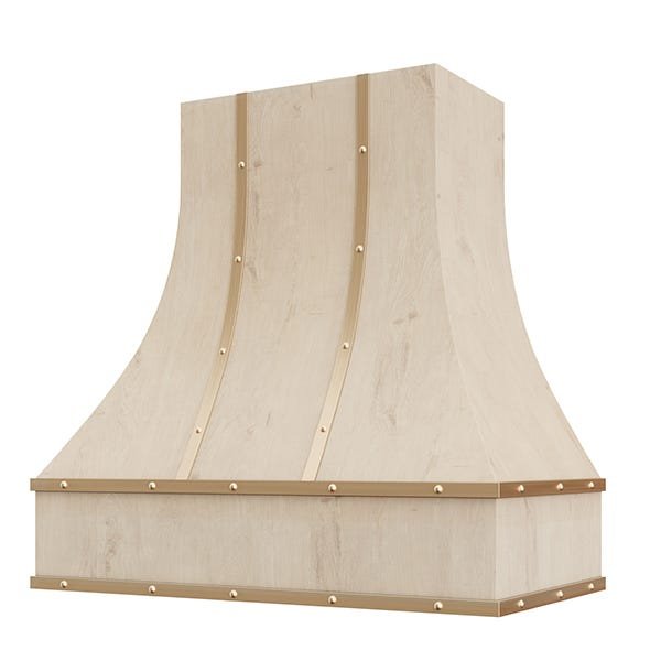 Kitchen and Cabinet Store Curved With Brass Strapping And Buttons wood range hood in Raw