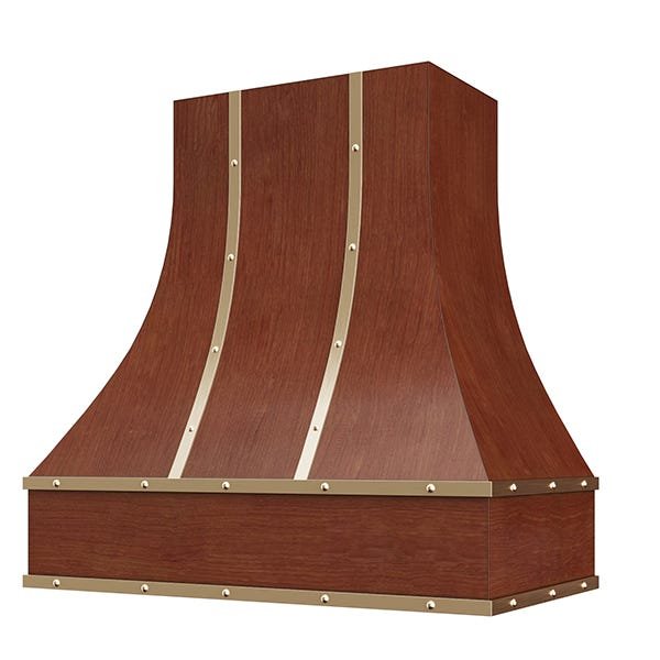 Kitchen and Cabinet Store Curved With Brass Strapping And Buttons wood range hood in Saddle Stain
