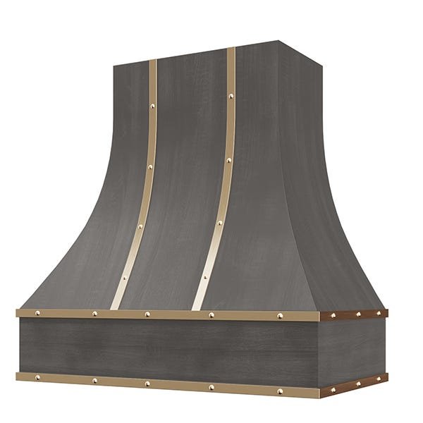 Kitchen and Cabinet Store Curved With Brass Strapping And Buttons wood range hood in Stained Gray