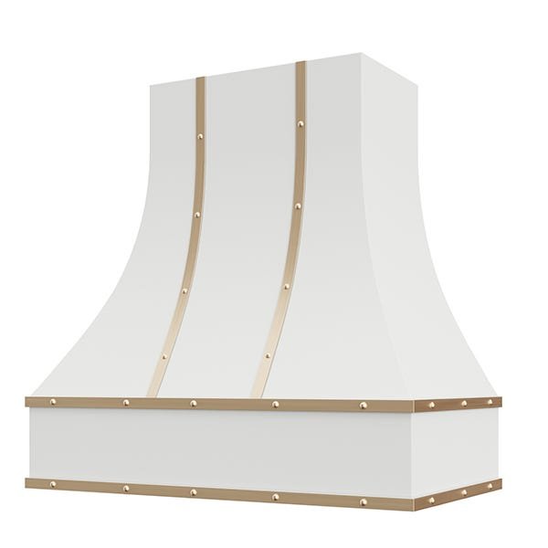 Kitchen and Cabinet Store Curved With Brass Strapping And Buttons wood range hood in White