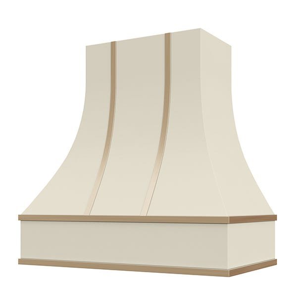 Kitchen and Cabinet Store Curved With Brass Strapping wood range hood in Antique White