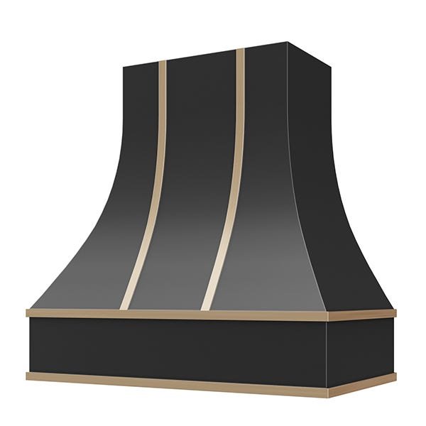 Kitchen and Cabinet Store Curved With Brass Strapping wood range hood in Black