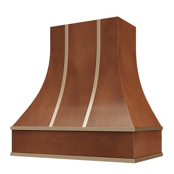 Kitchen and Cabinet Store Curved With Brass Strapping wood range hood in Chocolate Stain