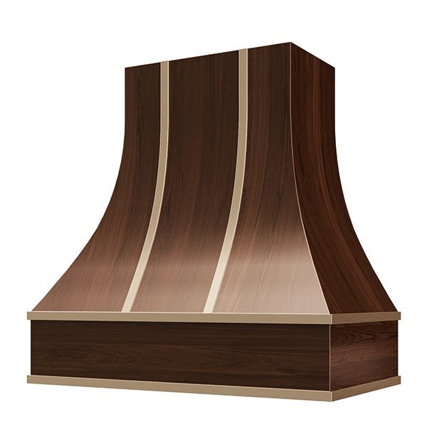 Kitchen and Cabinet Store Curved With Brass Strapping wood range hood in Espresso Stain