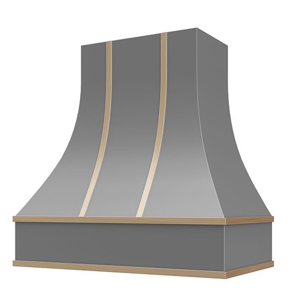 Kitchen and Cabinet Store Curved With Brass Strapping wood range hood in Gray