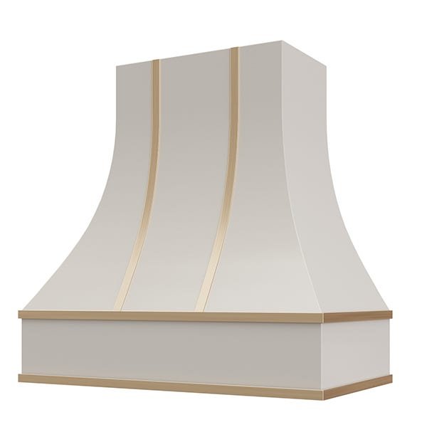 Kitchen and Cabinet Store Curved With Brass Strapping wood range hood in Light Gray
