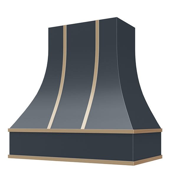 Kitchen and Cabinet Store Curved With Brass Strapping wood range hood in Navy